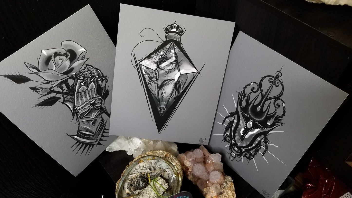 blackwork tryptch -armor, mermaid, beetle lantern